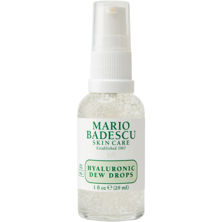 Mario Badescu Hyaluronic Dew Drops 29 ml fugtgivende serum i klar plastflaske med hvid pumpe og boblende gel