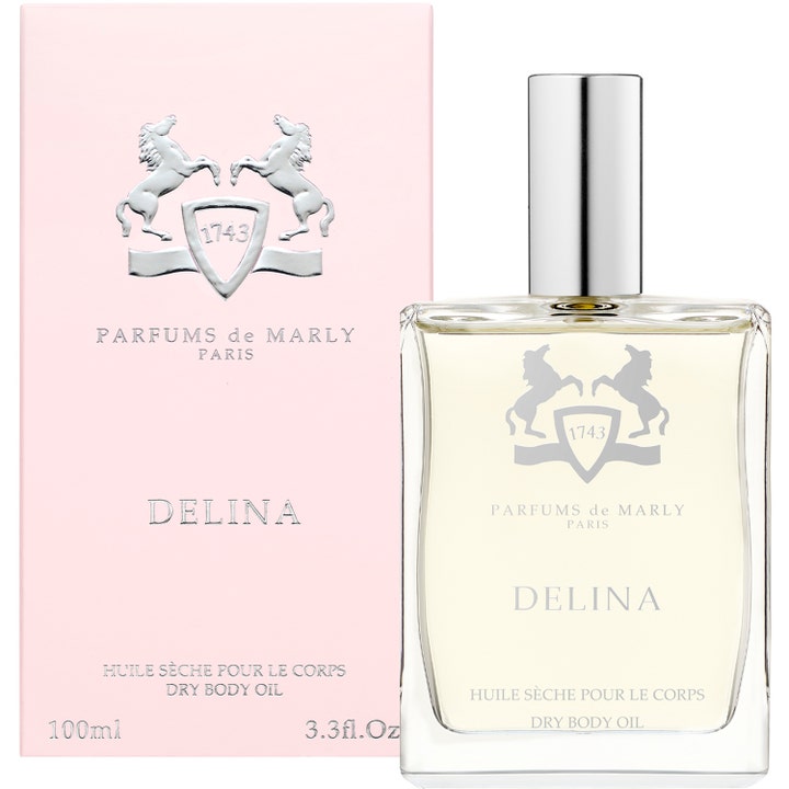 Parfums de Marly Delina Body Oil 100 ml fugtgivende tørolie i elegant glasflakon med sølvlåg og lyserød æske.
