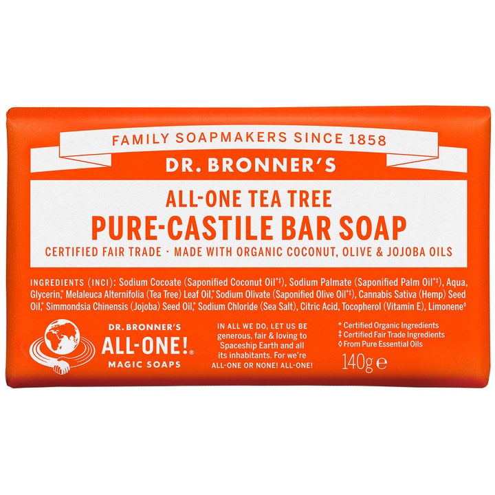 Dr. Bronner's All-One Tea Tree Pure-Castile Bar Soap 140g rensende fast sæbe i orange papiremballage med hvid skrift.