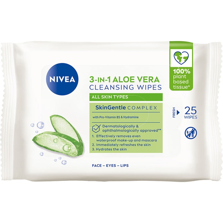 Nivea 3-in-1 Aloe Vera Cleansing Wipes 25 stk renseservietter i hvid emballage med grønne aloe vera detaljer