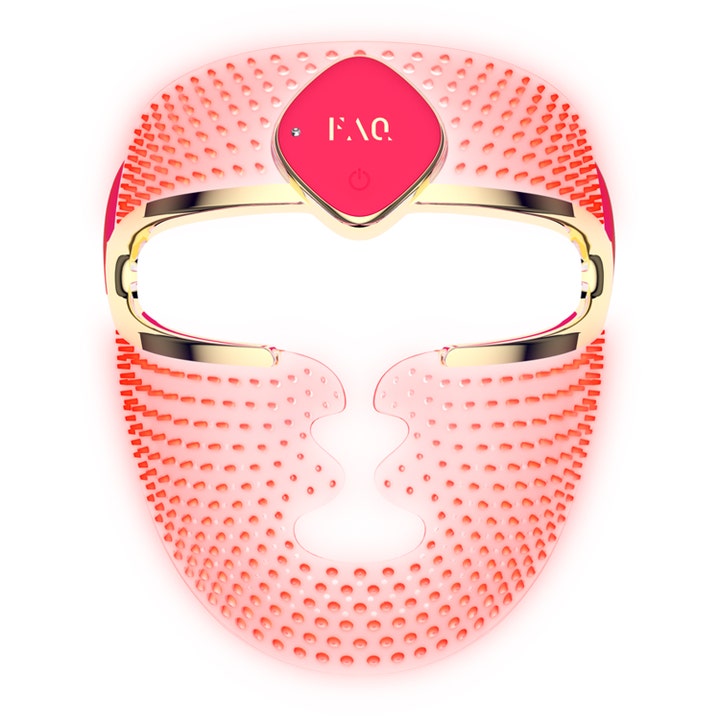 FAQ 202 Silicone LED Face Mask anti-age ansigtsmaske i lyserød silikone med guld detaljer og rødt lysende mønster