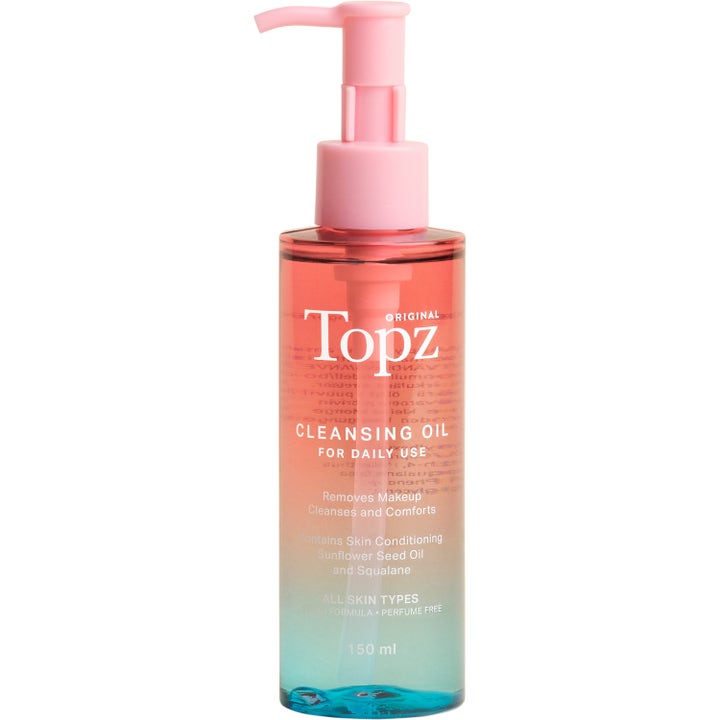 Topz Original Cleansing Oil 150 ml rensende ansigtsolie der fjerner makeup i flaske med pink pumpe og farvegradient