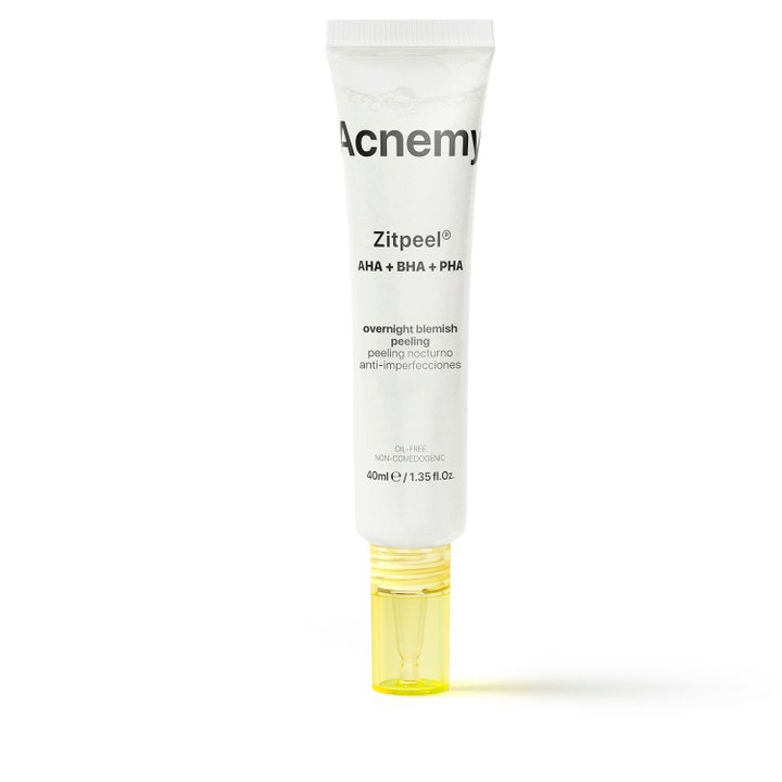 Acnemy Zitpeel 40ml eksfolierende natpeeling mod urenheder i hvid tube med gul gennemsigtig hætte.