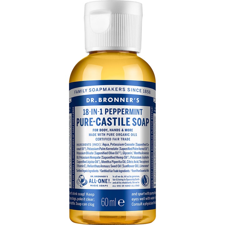 Dr. Bronner's 18-in-1 Peppermint Pure-Castile Soap 60 ml opkvikkende kropssæbe i ravfarvet flaske med blå etiket.