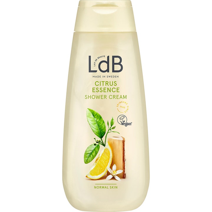 LdB Citrus Essence Shower Cream fugtgivende showergel til normal hud i lys gul flaske med motiv af frisk citron