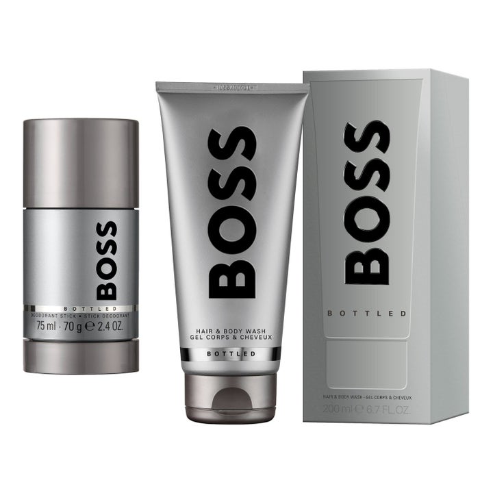 Hugo Boss Bottled 75ml deostick og body wash der giver friskhed i grå metallisk tube og hylster.