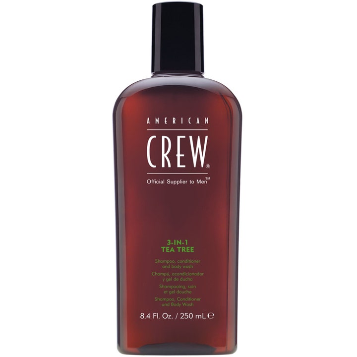 American Crew 3-in-1 Tea Tree 250 ml plejende kropspleje i en mørk gennemsigtig flaske med sort skruelåg