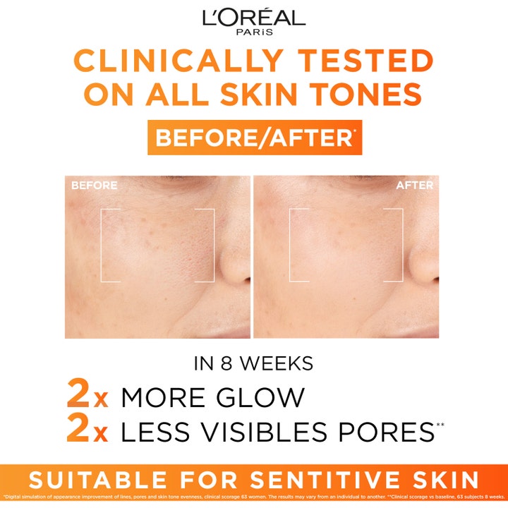 L'Oréal Paris Revitalift Clinical 12% Vitamin C Serum 30 ml ansigtsserum viser før og efter resultat med mere glød