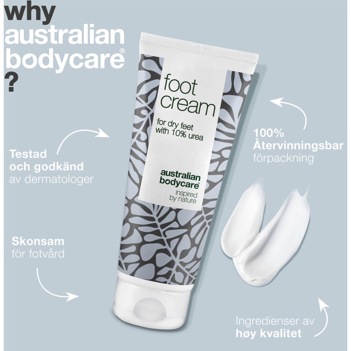 Australian Bodycare Foot Cream 100 ml plejende fodcreme til tørre fødder i tube med hvide teksturprøver