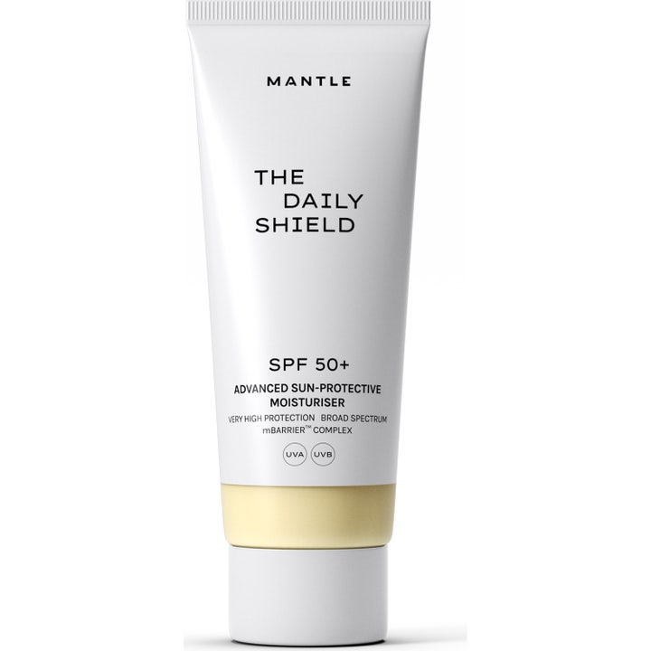Mantle The Daily Shield SPF 50+ solcreme der beskytter huden i en hvid tube med gul detalje og hvidt låg