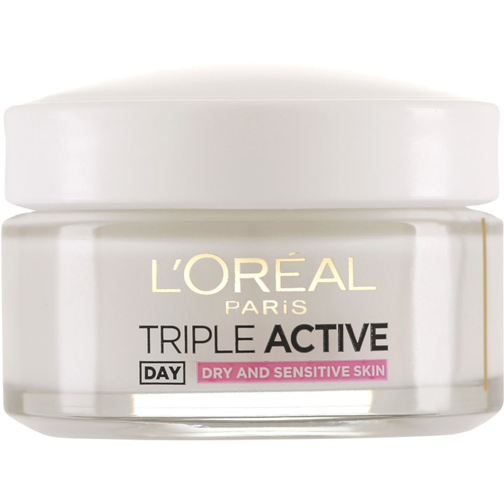 L'Oréal Paris Triple Active 50 ml fugtgivende dagcreme i gennemsigtig glaskrukke med hvidt låg og pink detaljer.