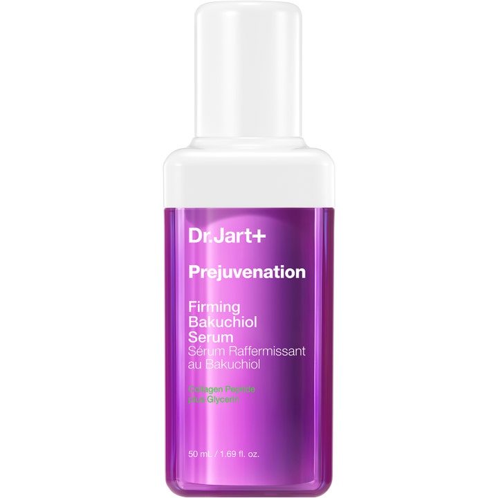 Dr. Jart+ Prejuvenation Firming Bakuchiol Serum 50 ml i lilla gennemsigtig flaske med hvid pumpe og låg