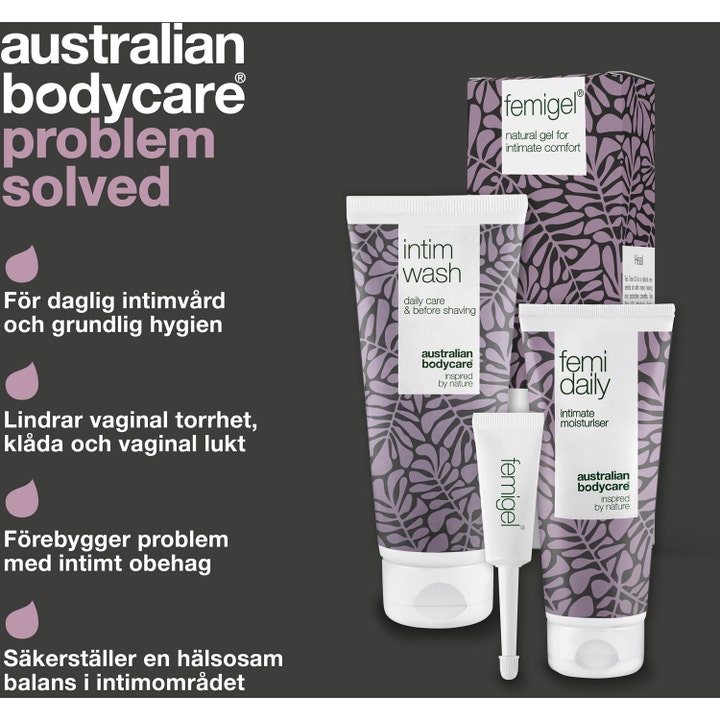 Australian Bodycare Intimate Treatment Kit 325 ml intimpleje mod ubehag i hvide tuber med lilla bladmønster.