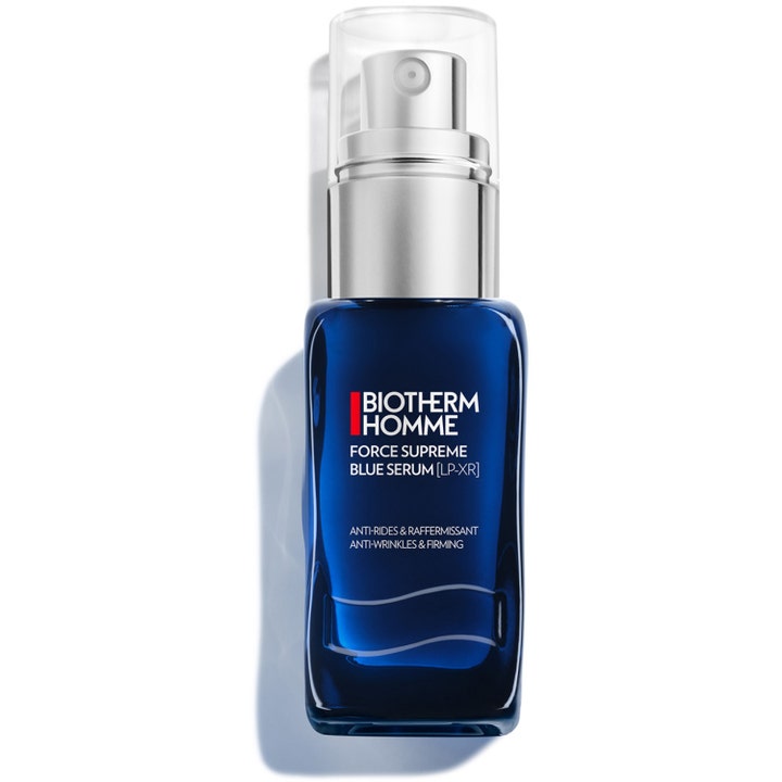 Biotherm Homme Force Supreme Blue Serum 50ml opstrammende serum der modvirker rynker i mørkeblå glasflaske med sølvpumpe