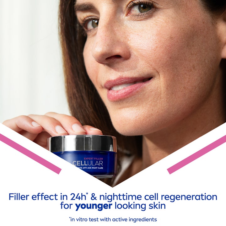 NIVEA Cellular Expert Filler 50 ml nattcreme i blå krukke der giver huden en ungdommelig glød