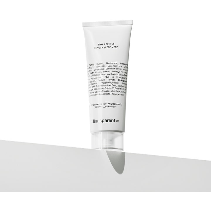 Transparent Lab Time Reverse Beauty Sleep Mask 75 ml nattmaske i hvid tube med retinol og niacinamid.