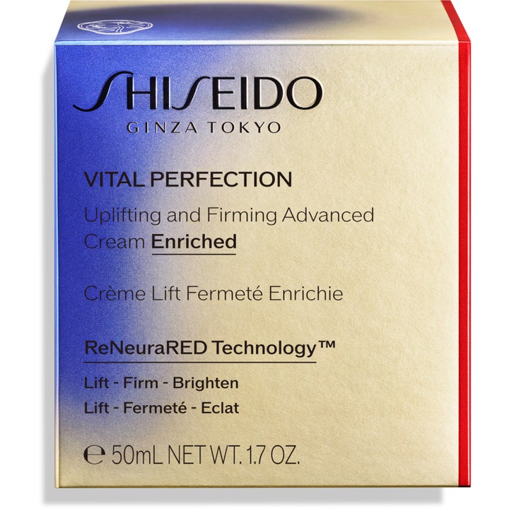 Shiseido Vital Perfection Advanced Cream Enriched 50 ml opstrammende dagcreme der giver glød i blå og guld æske