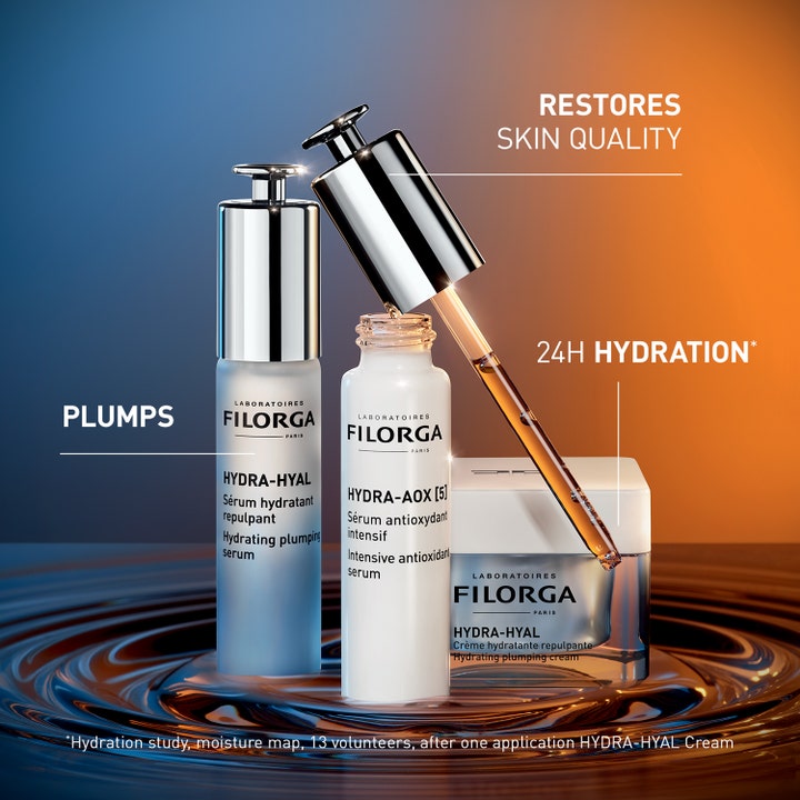 Filorga Hydra Duo Kit 60 ml giver fugt med serum og creme vist i vandringe med teksten 24H Hydration