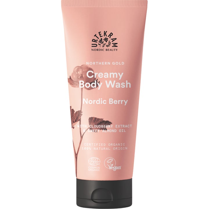 Urtekram Nordic Berry Creamy Body Wash 200 ml plejende kropsvask i ferskenfarvet tube med sort låg