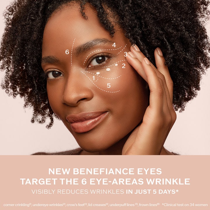 Shiseido Benefiance Wrinkle Smoothing Eye Cream 15 ml mod rynker viser 6 målrettede områder på en kvindes ansigt