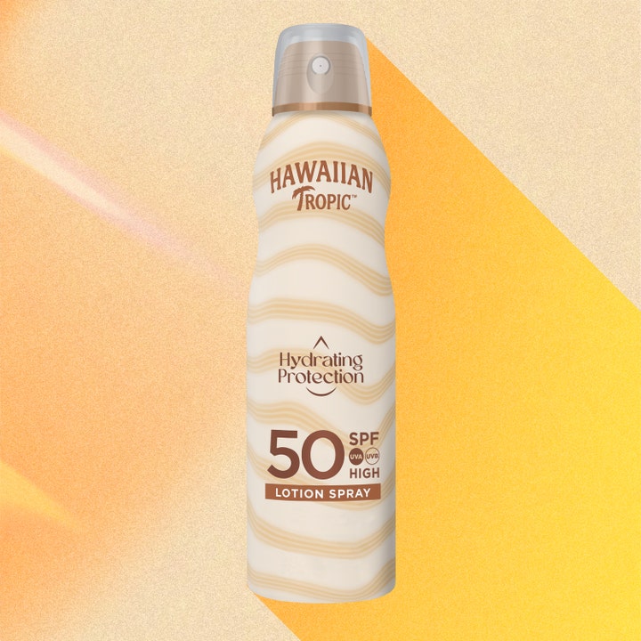 Hawaiian Tropic Hydrating Protection 220 ml SPF50 solcreme spray med bølgemønster og gennemsigtigt låg