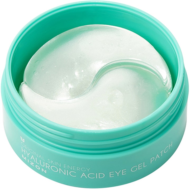 Mizon Hyaluronic Acid Eye Gel Patch 60 stk fugtgivende øjenmasker i åben turkis krukke med glitrende patches