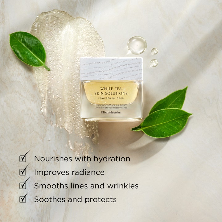 Elizabeth Arden White Tea Skin Solutions 50 ml ansigtscreme med geltekstur og blade der giver glød