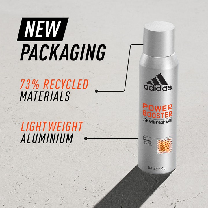 Adidas Power Booster 150 ml deospray mod sved i sølvfarvet aluminiumsflaske af genanvendt materiale.
