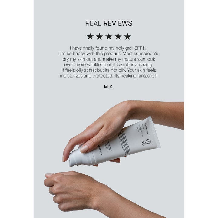 Niche Beauty Lab Transparent Lab Invisible Sunscreen 100 ml solcreme SPF50+ i hvid tube vist med en kundeanmeldelse