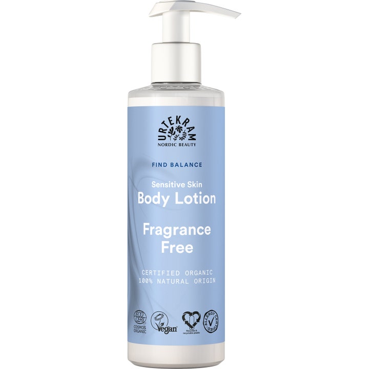 Urtekram Find Balance Fragrance Free Body Lotion 245ml fugtgivende kropspleje i hvid pumpeflaske med lyseblå label