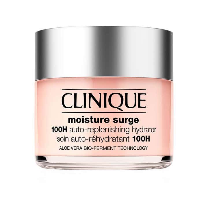 Clinique Moisture Surge 100H fugtgivende ansigtscreme med aloe vera i en klar glaskrukke med sølvlåg