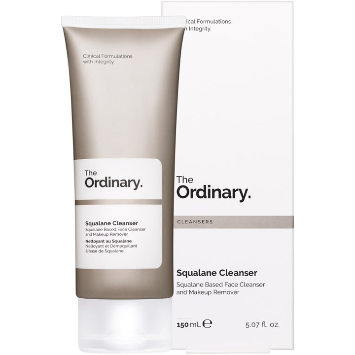 The Ordinary Squalane Cleanser 150 ml fugtgivende ansigtsrens og makeupfjerner i beige tube med hvid æske