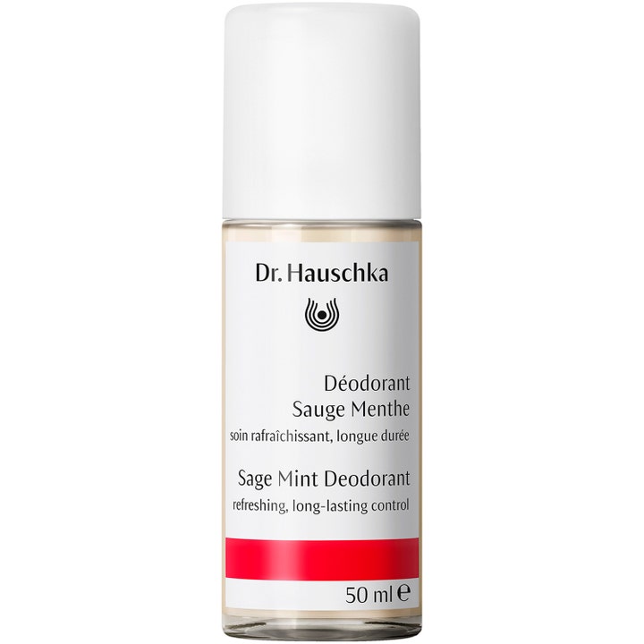 Dr. Hauschka Sage Mint Deodorant 50 ml forfriskende roll-on i klar glasflaske med hvidt låg og rød detalje