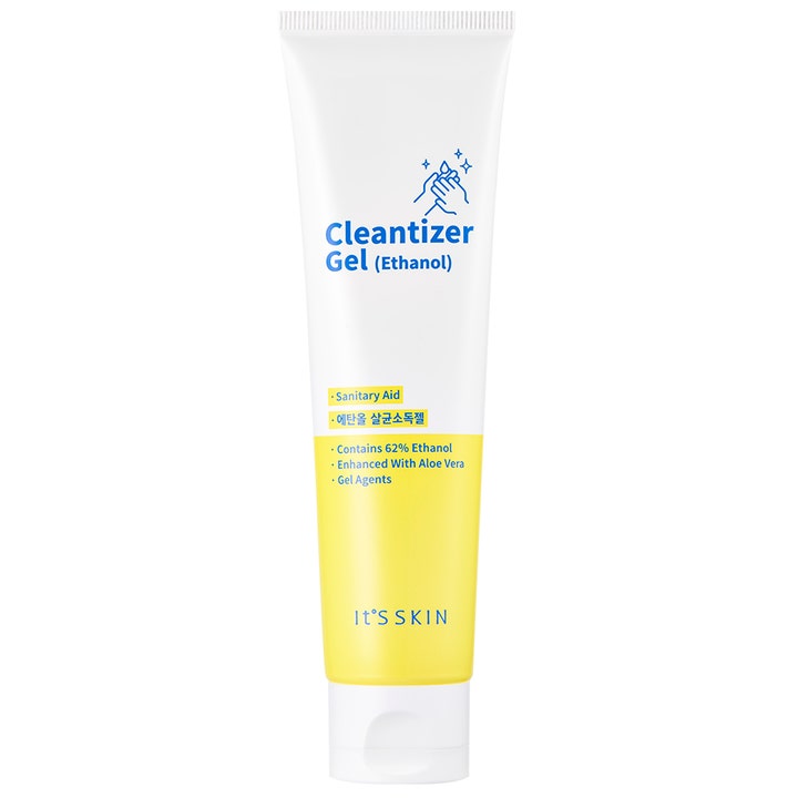 It'S SKIN Cleantizer Gel Ethanol rensende håndgel med aloe vera og 62% ethanol i hvid og gul tube