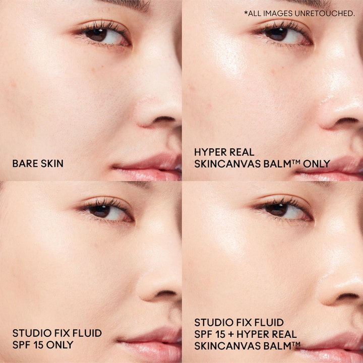 MAC Cosmetics Hyper Real Skincanvas Balm 15 ml fugtgivende ansigtscreme giver glød vist i før- og efterbilleder