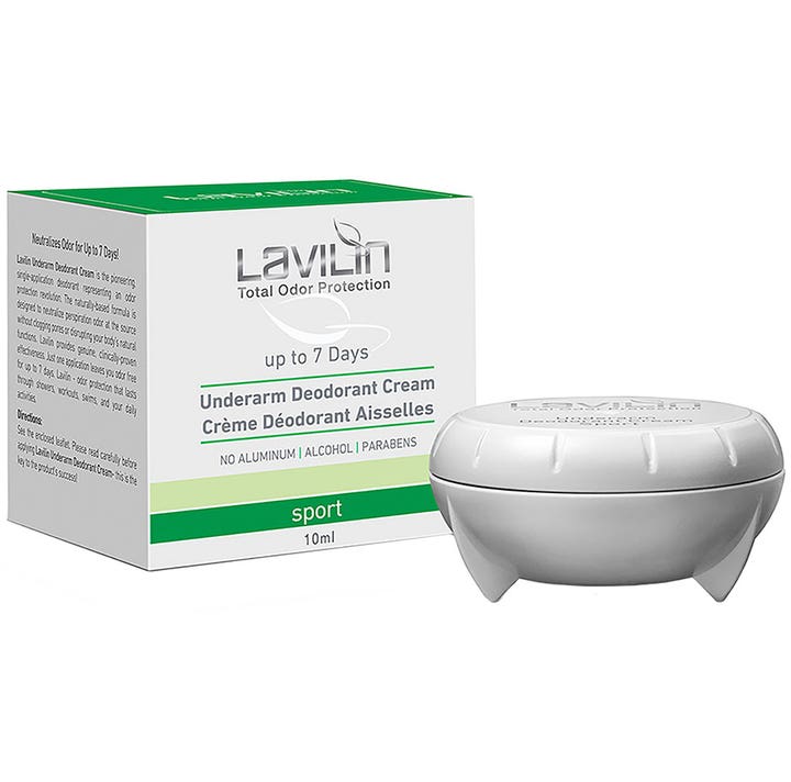 Lavilin Underarm Deodorant Cream Sport 10 ml neutraliserer lugt uden aluminium i hvid og grøn æske med lille krukke