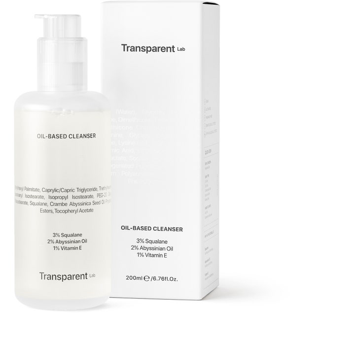 Niche Beauty Lab Transparent Lab Oil-Based Cleanser 200 ml rengøringsolie i hvid pumpeflaske med squalane og vitamin E.