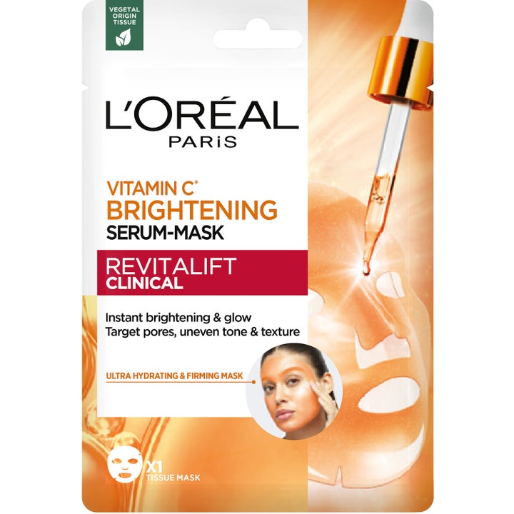 L'Oréal Paris Revitalift Clinical Vitamin C Brightening Serum-Mask 1 stk ansigtsmaske giver glød i orange emballage.