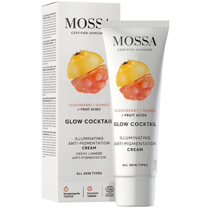 MOSSA Glow Cocktail 50 ml lysnende dagcreme mod pigmentering i hvid tube og æske med multebær og kvæde.