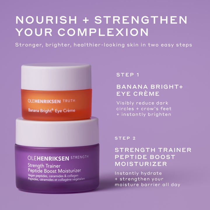 Ole Henriksen Strength Trainer 15 ml og Banana Bright Eye 7 ml hudplejesæt i lilla og orange krukker med hvide låg