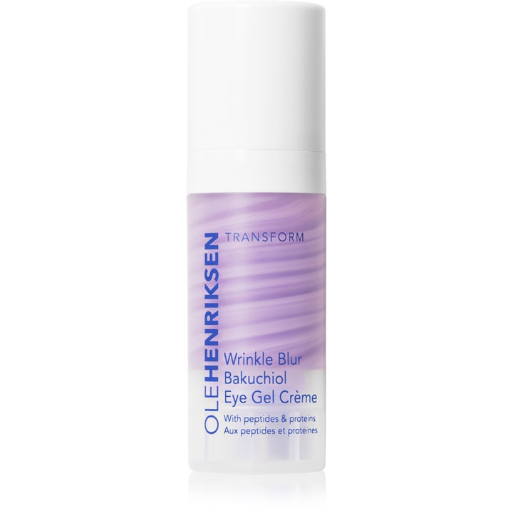 Ole Henriksen Wrinkle Blur Bakuchiol Eye Gel Crème udglattende øjencreme med lilla hvirvlet formel i klar flaske