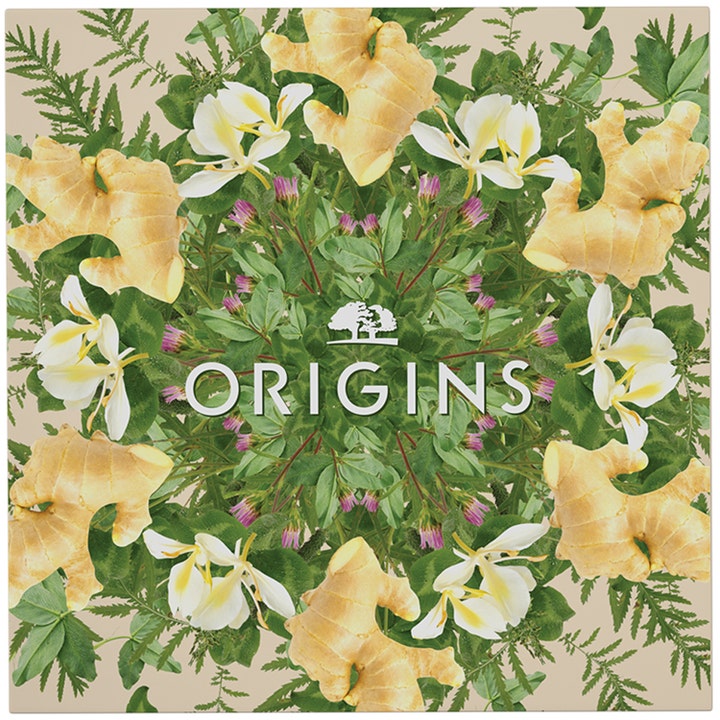 Origins The Glow-Boosting Collection hudplejesæt med mønster af ingefær og hvide blomster