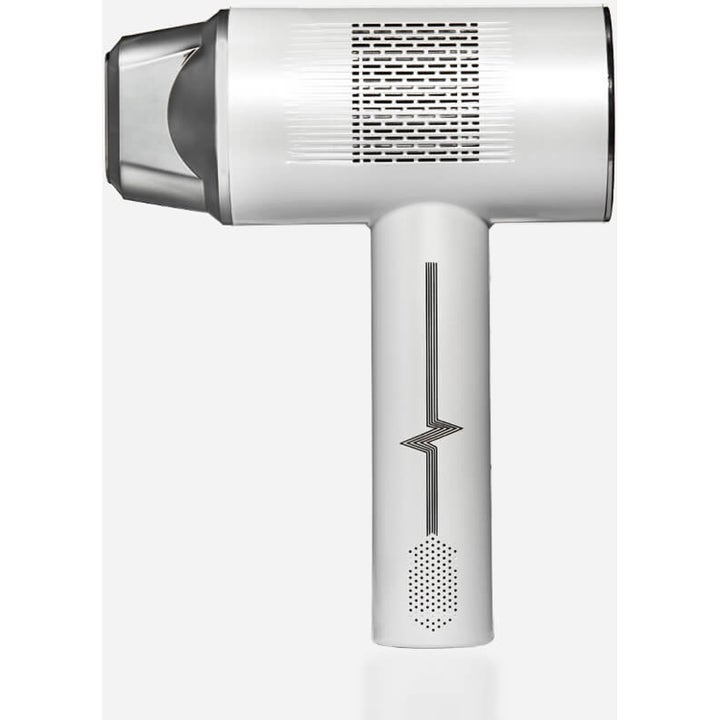 Hvid moderne hårtørrer skaber hurtig styling i et minimalistisk T-formet design med sorte grafiske detaljer