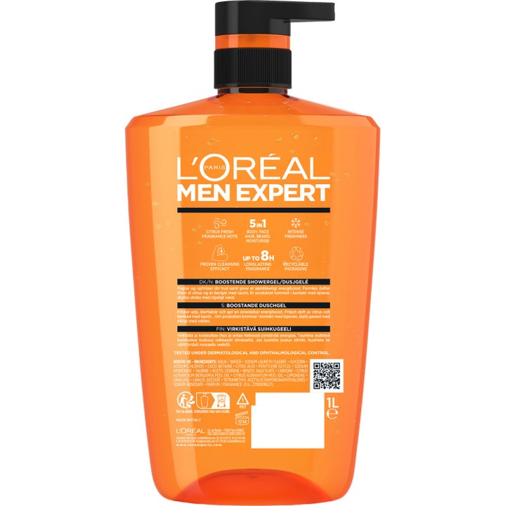 L'Oréal Paris Men Expert Hydra Energetic 1000 ml duschtvål giver energi i en stor orange pumpeflaske