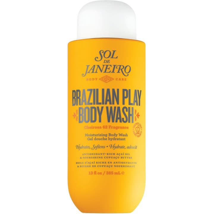 Sol de Janeiro Brazilian Play Body Wash 385 ml fugtgivende kropsvask der blødgør huden i gul flaske med hvidt låg