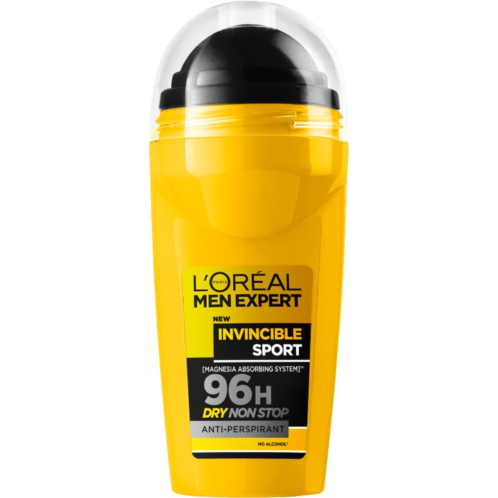 L'Oréal Men Expert Invincible Sport 50ml anti-perspirant giver 96 timers tørhed i en gul roll-on med sort kugle.