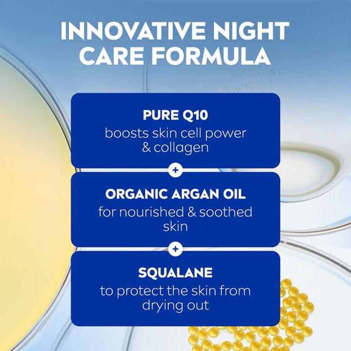 NIVEA Q10 Extra Nourish Night Cream 50 ml nattcreme med ren Q10, økologisk arganolie og squalane i infografik