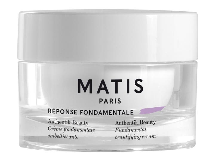 Matis Réponse Fondamentale Authentik-Beauty fugtgivende ansigtscreme i klar glaskrukke med hvidt låg.