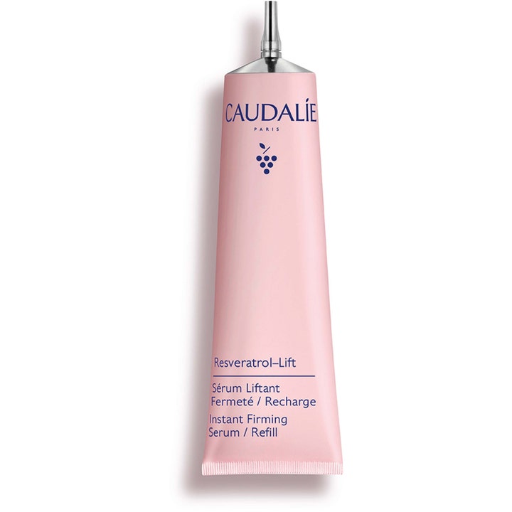 Caudalie Resveratrol-Lift Instant Firming Serum Refill opstrammende ansigtsserum i lyserød tube med sølvstuds