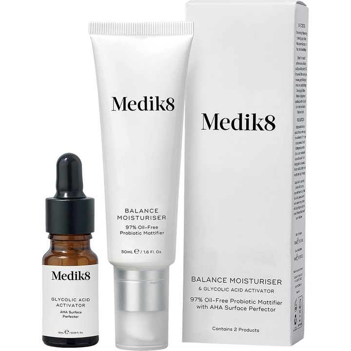 Medik8 Balance Moisturiser with Glycolic Acid Activator 55 ml ansigtscreme i hvid tube og brun glasflaske
